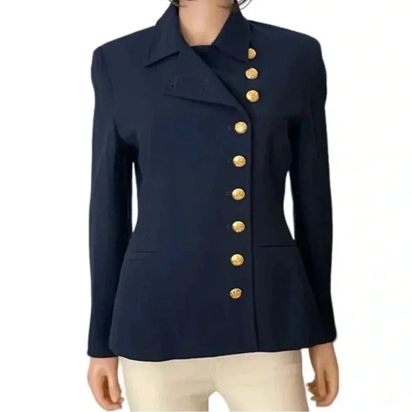 Ralph Lauren Military Blazer Career Utility Jacket Navy Wool Blend Women's EUC - Picture 1 of 11